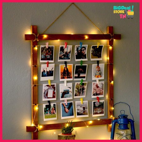 Cadre photo en bois avec loquet de corde éclairé à led  70x70 cm