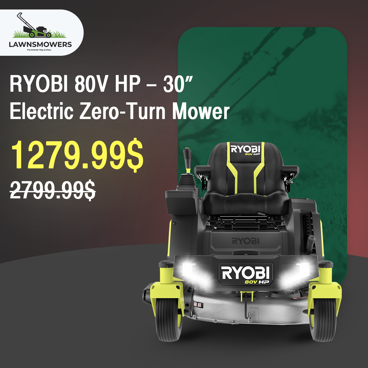 RYOBI 80V HP Brushless 30‑Inch Battery Electric Cordless Zero Turn Riding Lawn Mower with (2) 80V 10Ah Batteries and Charger
