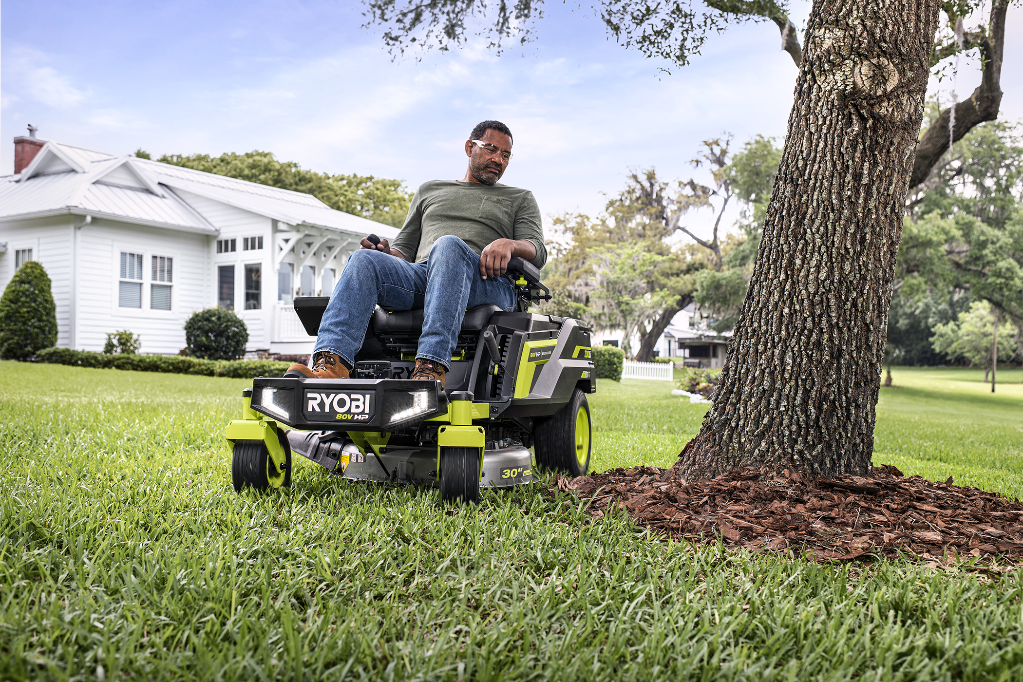 RYOBI 80V HP Brushless 30‑Inch Battery Electric Cordless Zero Turn Riding Lawn Mower with (2) 80V 10Ah Batteries and Charger