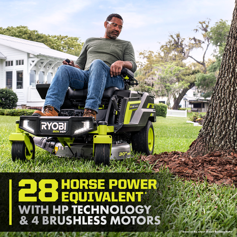 RYOBI 80V HP Brushless 30‑Inch Battery Electric Cordless Zero Turn Riding Lawn Mower with (2) 80V 10Ah Batteries and Charger