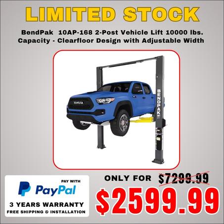 BendPak  10AP-168 2-Post Vehicle Lift 10000 lbs. Capacity - Clearfloor Design with Adjustable Width with 220V Power Unit Included