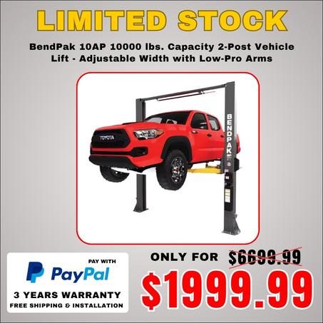 BendPak 10AP 10000 lbs. Capacity 2-Post Vehicle Lift - Adjustable Width with Low-Pro Arms, 220V Power Unit Included