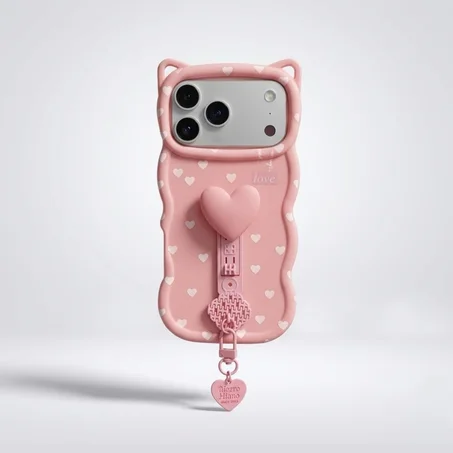 💖 Coque iPhone Love Cat 3D avec Support Cœur & Breloque Élégante