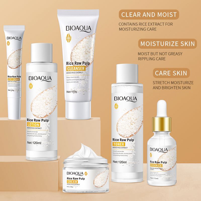 BIOAQUA - Rice Raw Pulp Rejuvenating Set (Original) - طقم بيواكوا بالأرز الخام – ترطيب وتجديد شامل للبشرة | 6 قطع