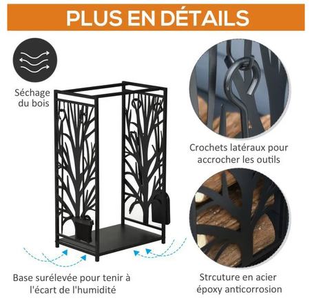 Serviteur de cheminée arbre - porte bûches - range bûches multi accessoires étagère