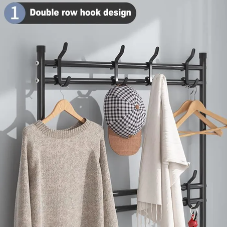 Porte-Manteaux Meuble d’entrée Avec 16 Crochets Amovibles Étagère à Chaussures à 4 Niveaux 60CM Noir