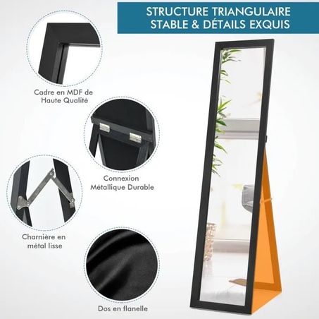 COSTWAY Miroir sur pied, Psyché Miroir Autoportant Rectangulaire 155 x 37 cm, Style Scandinave Moderne Noir