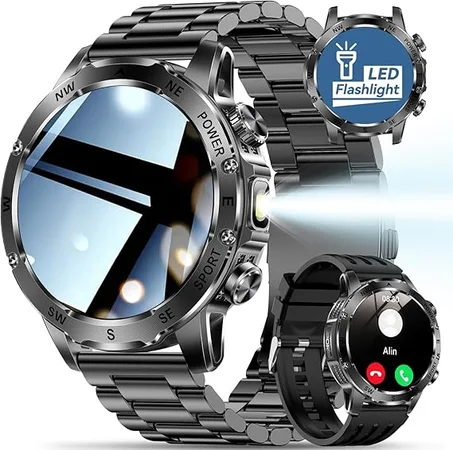 ساعة ذكية للرجال مع مصباح يدوي، مكالمات بلوتوث، اكثر من 100 وضع رياضي، 800mAh، جهاز تتبع اللياقة البدنية مقاوم للماء IPX8 للتمرين، متوافقة مع iOS اندرويد، هدية للرجال (اسود ستيل)