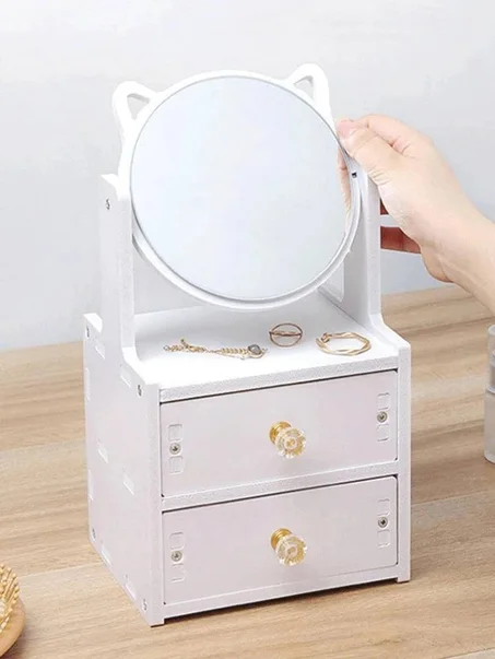 تدوير مرآة تجميل مع لمبة ليد أدراج التجميل صندوق تخزين