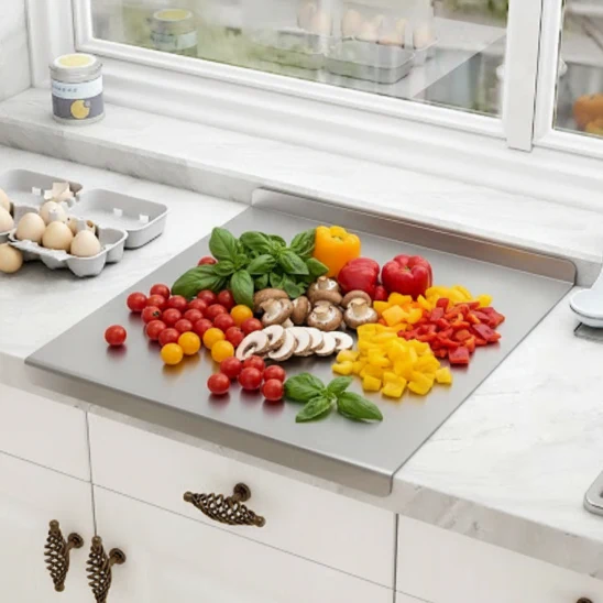 لوح تقطيع من الستانلس ستيل مزدوج الجوانب صحي ومفيد لتقطيع في المطبخ