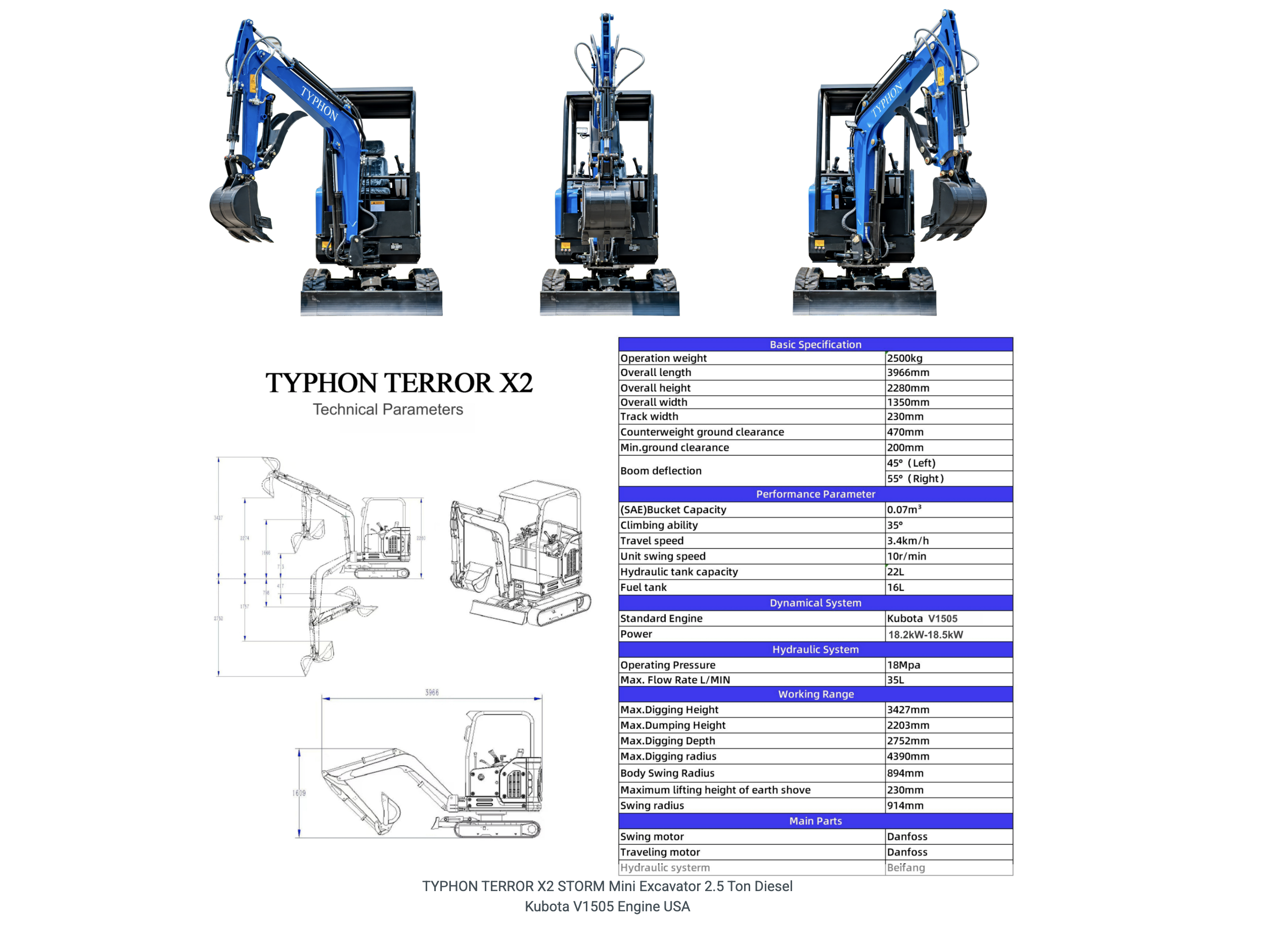 TYPHON TERROR X2 STORM Mini Excavator 2.5 Ton Diesel Kubota V1505 Engine USA
