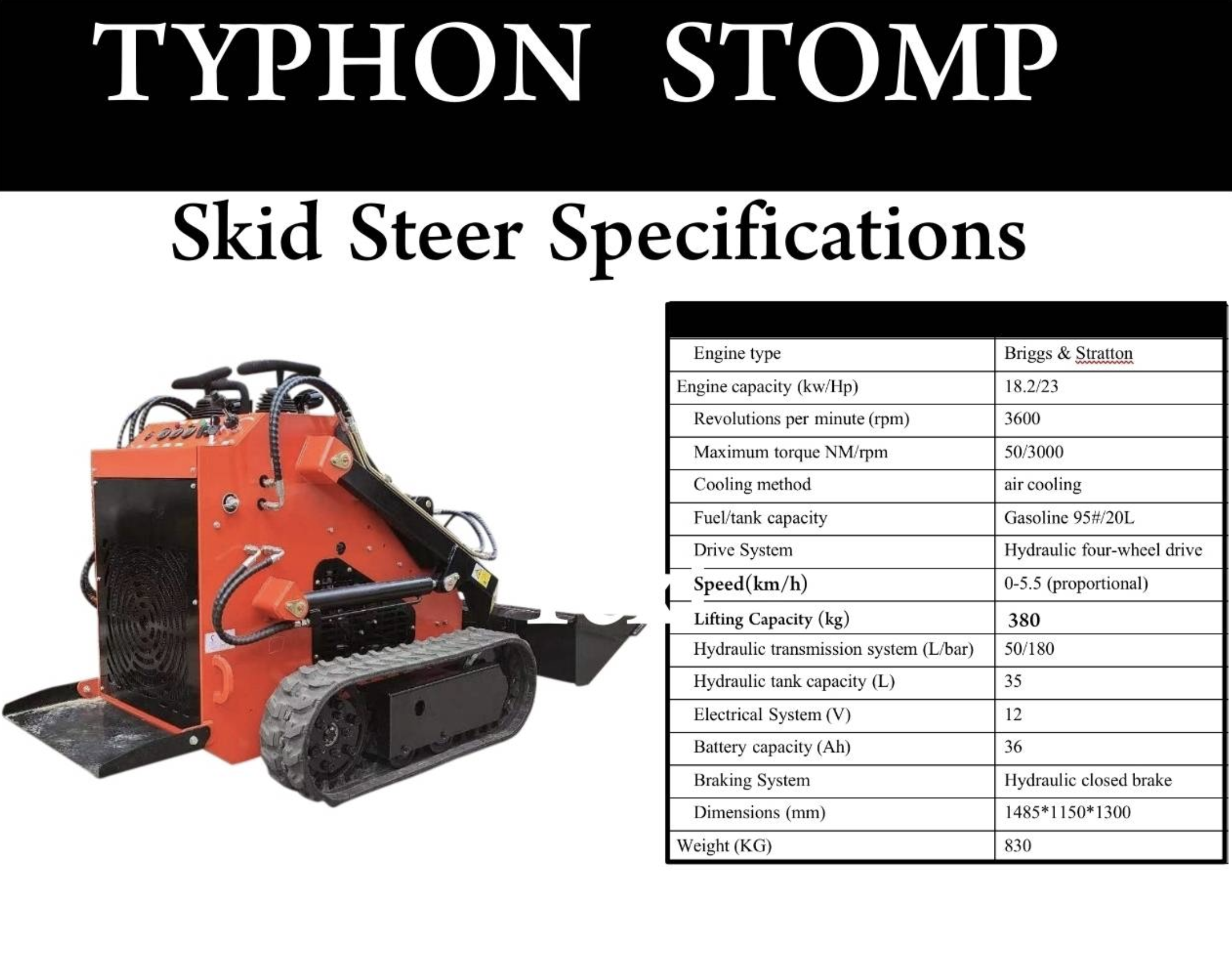 Brand New TYPHON STOMP 1,800lbs Mini Skid Steer 23HP Gas EPA Engine USA