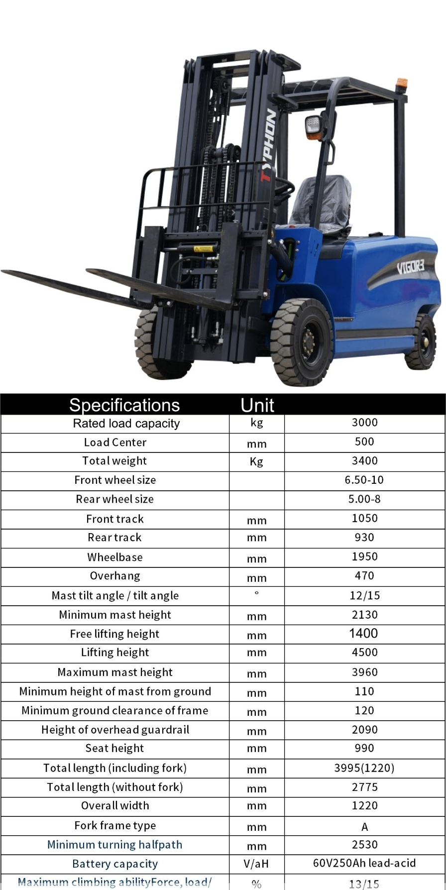 New 2025 TYPHON VIGOR 3.0 Blue Electric Forklift 3 Ton Lifter Lift Truck Jitney Hi-Lo