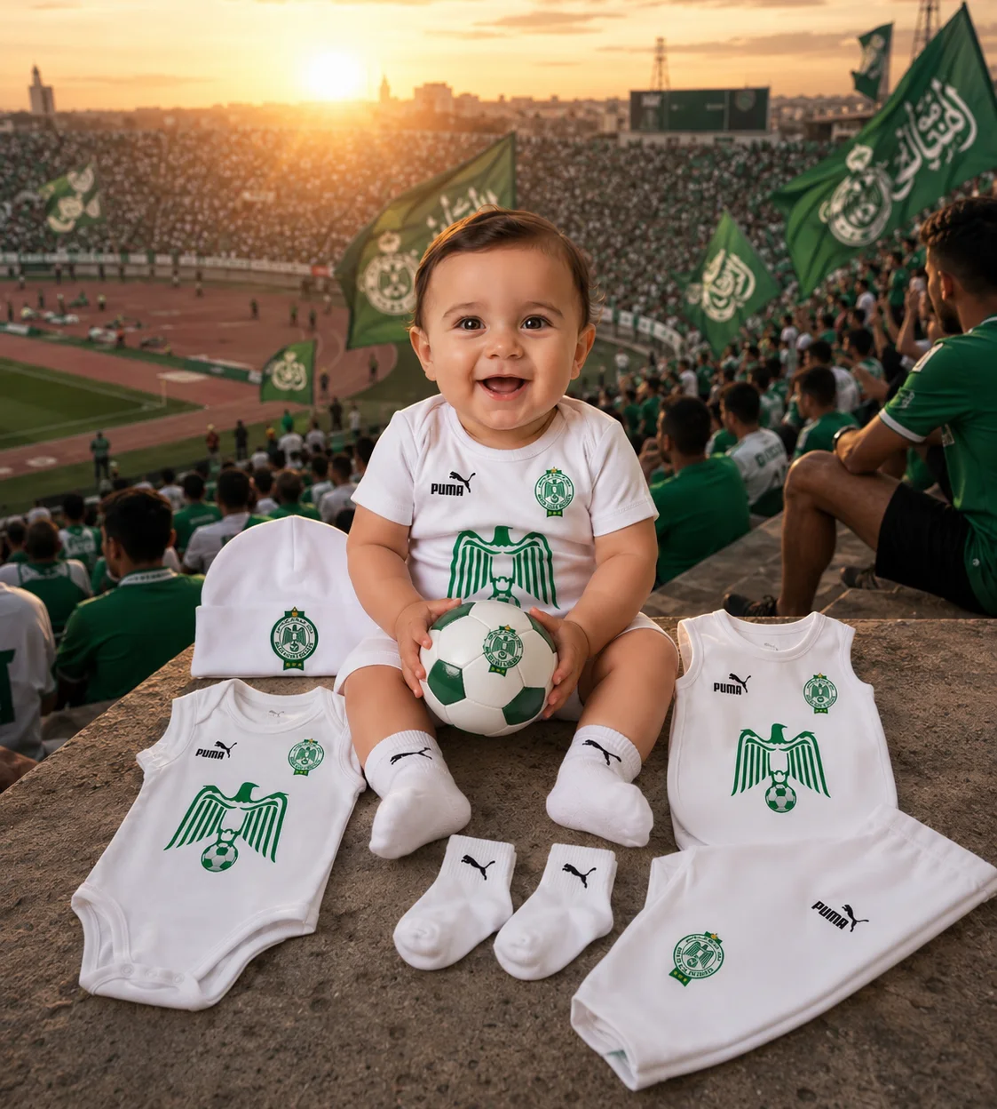 💚 باك المشجع الرجاوي الصغير | طقم فاخر من 7 قطع للرضع