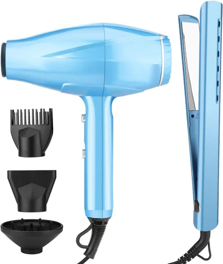 Juego de plancha plana y soplador, motor de CA de 2200 W, secado rápido, secador de pelo iónico de bajo ruido con boquilla difusora, peine concentrador para mujeres, cabello lacio y rizado, a