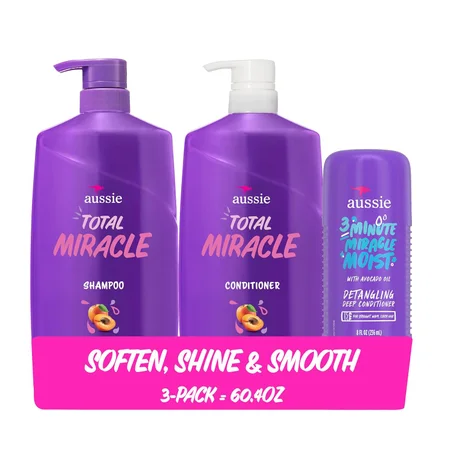 Aussie Total Miracle Paquete de Cuidado Capilar: Champú, Acondicionador y Tratamiento Profundo en 3 Minutos con Albaricoque y Aceite de Macadamia, Sin Parabenos para Cabello Dañecido, 26.2 y 