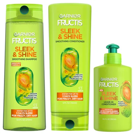 Garnier Fructis Sleek & Shine Champú, Acondicionador + Juego de Acondicionador Sin Enjuague para Cabello Encrespado y Seco, Queratina Vegetal + Aceite de Argán (3 Artículos), 1 Kit (El Empaqu