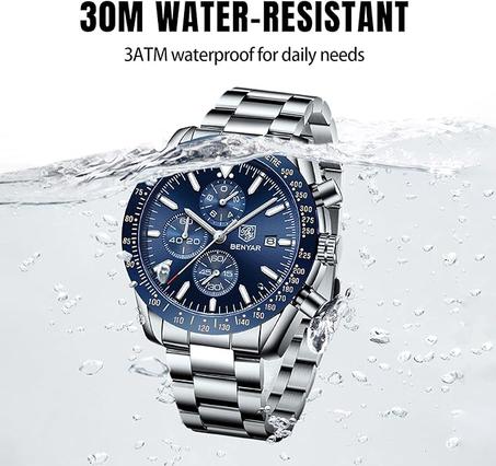 للرجال الأعمال ساعات مصمم أزياء أنيق حسن المظهر فاخر كوارتز رياضية مقاومة للماء تكتيكية عسكرية عادية تاريخ الكرونوغراف بمينا أزرق بسوار فضة .