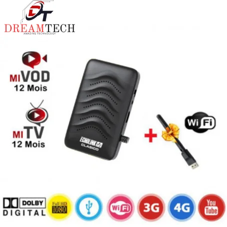 Echolink CLASICO recepteur numérique Avec abonnement IPTV 12 mois & Clé Wifi - Noir