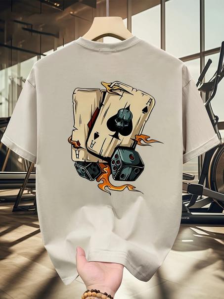 تي شيرت رجالي مريح وجيد التهوية بياقة دائرية بطبعة كرتونية للبوكر، قمة عصرية غير رسمية للصيف في الهواء الطلق