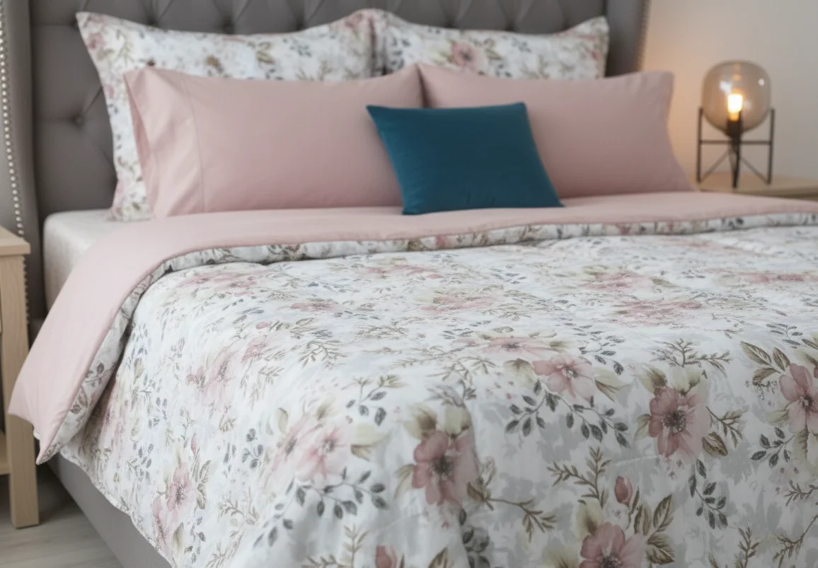 Pack Couette + parrure de drap grand fleur saumon