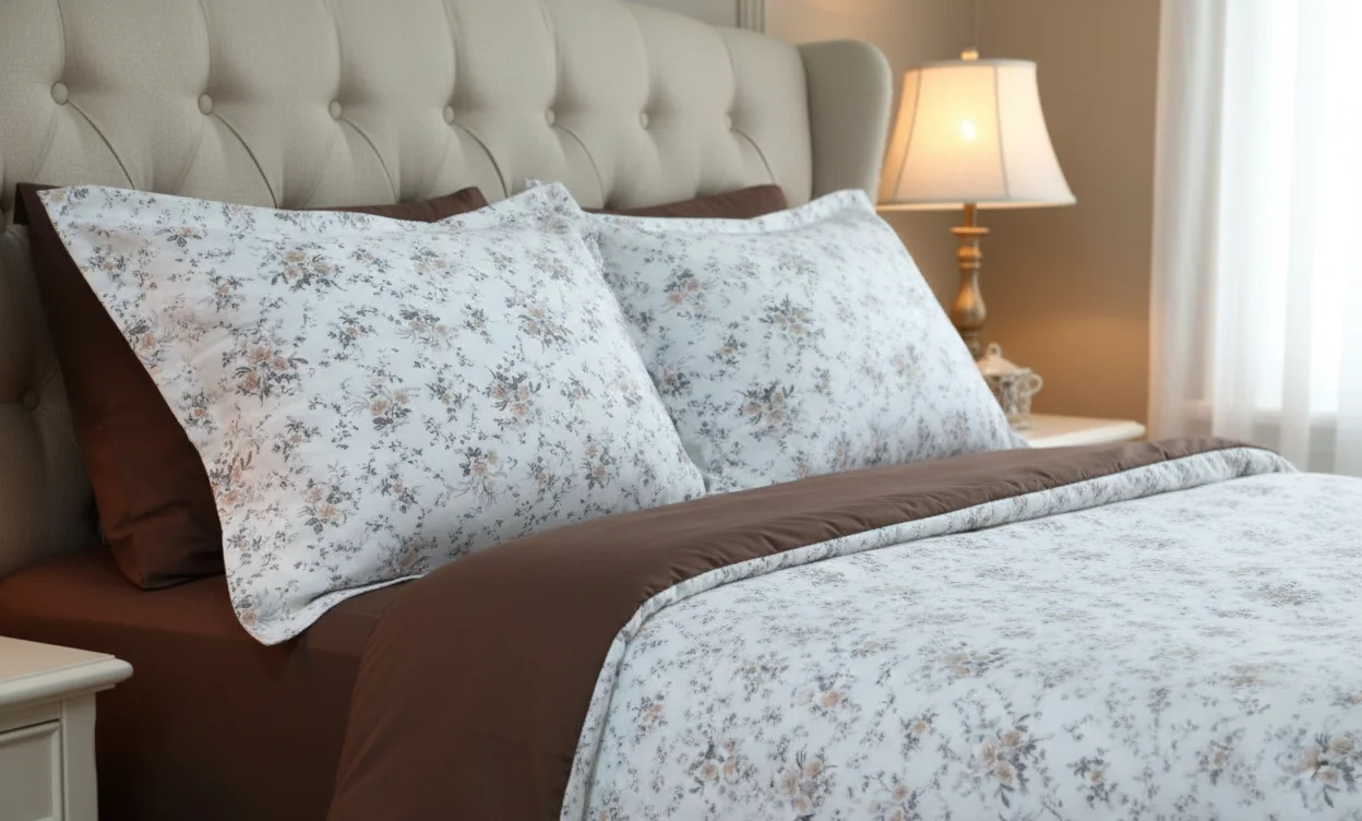 Pack Couette + Parrure de draps à petit fleur marron