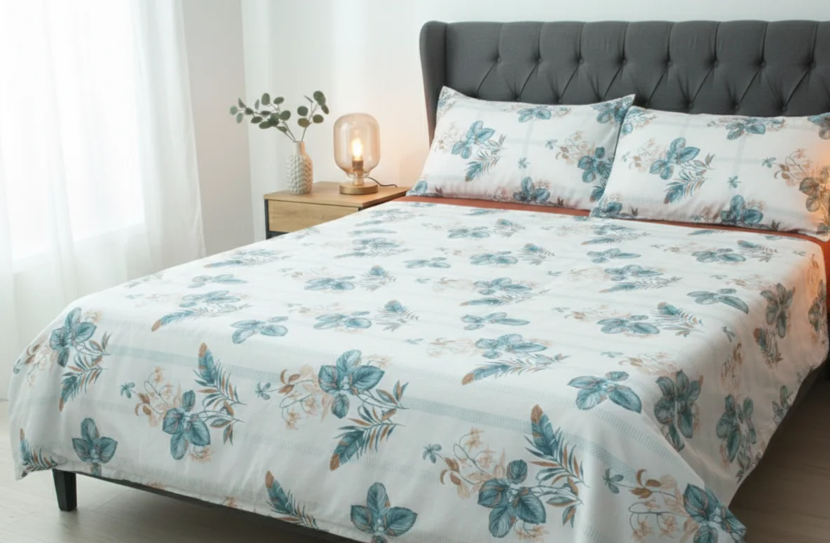 Pack couette + parrure végétal bleu et orange