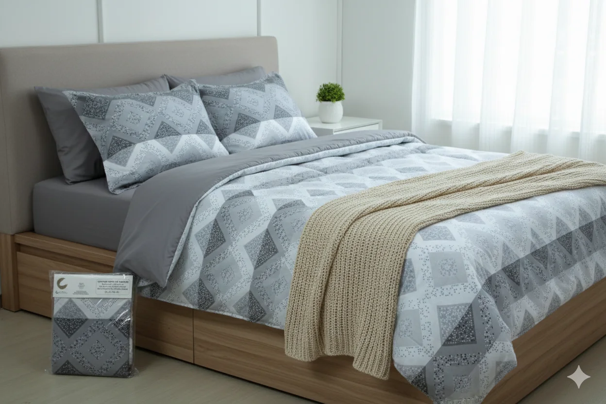 Pack Couette + parrure de drap formes géométriques gris