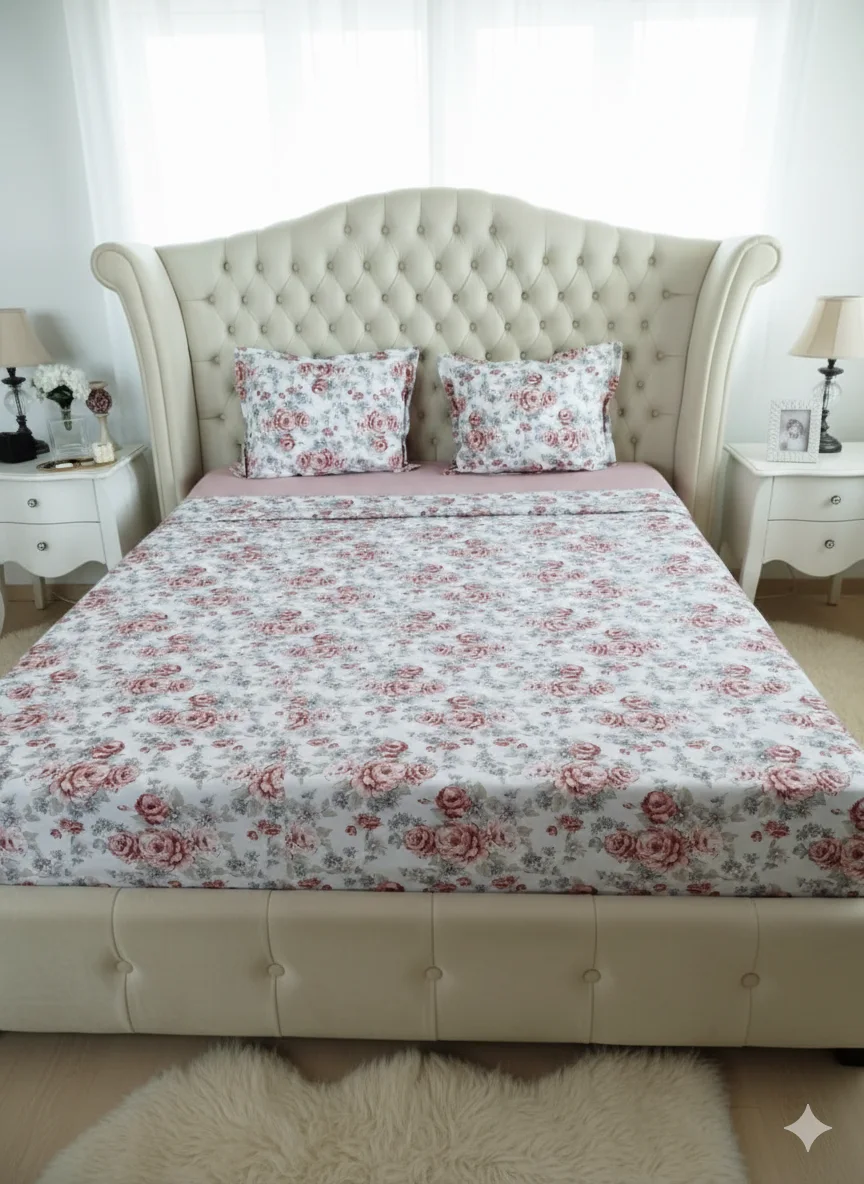 Pack Couette + parrure de drap à fleur bordeux et gris