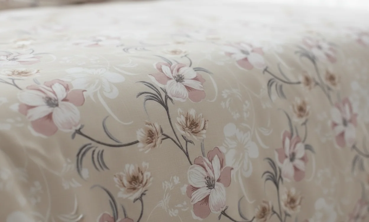 Pack couette + Parrure de drap beige avec fleur mauve