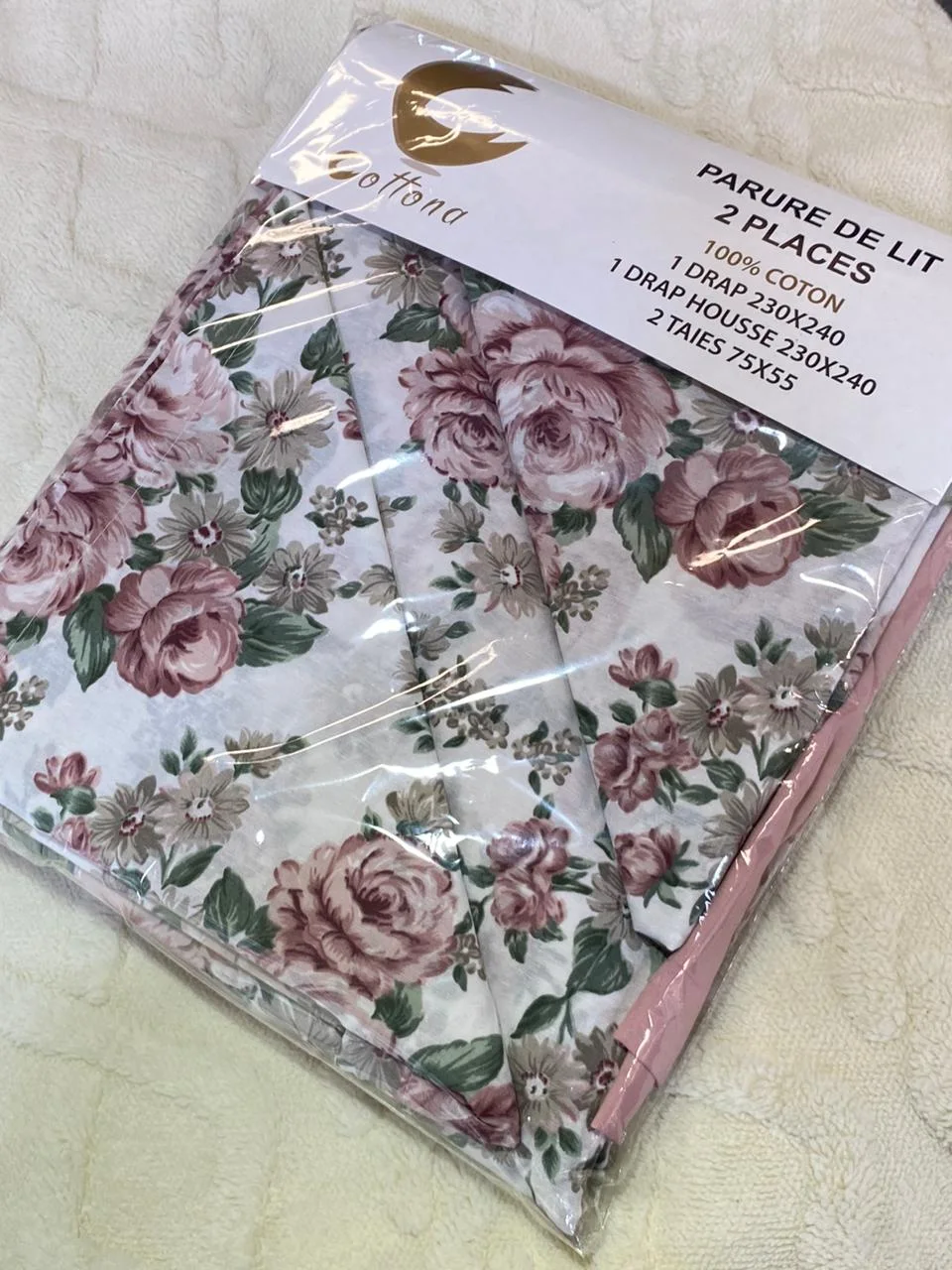 Pack Couette + Parrure de drap fleur rose et vert