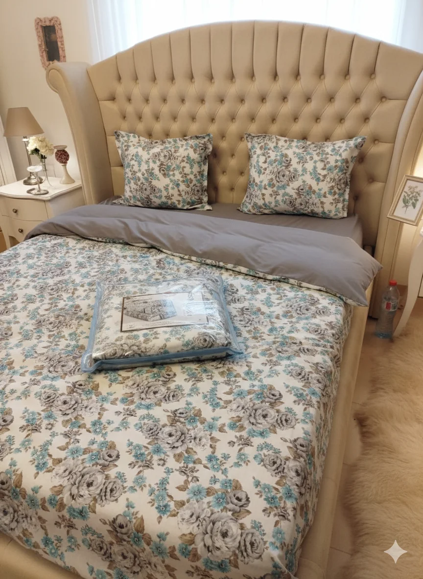 Pack Couette + Parrure de drap à fleur gris et bleu