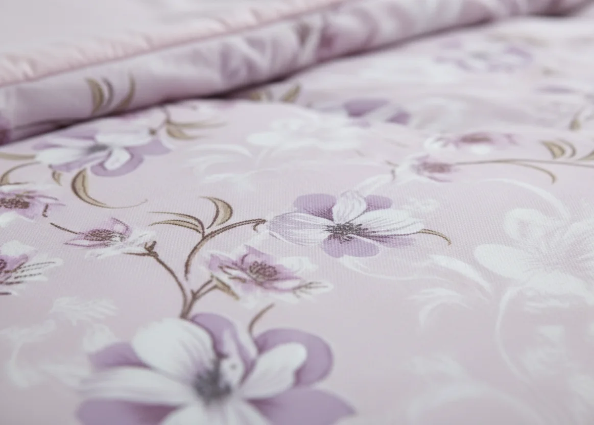 Pack Couette + parrure de drap mauve à fleur
