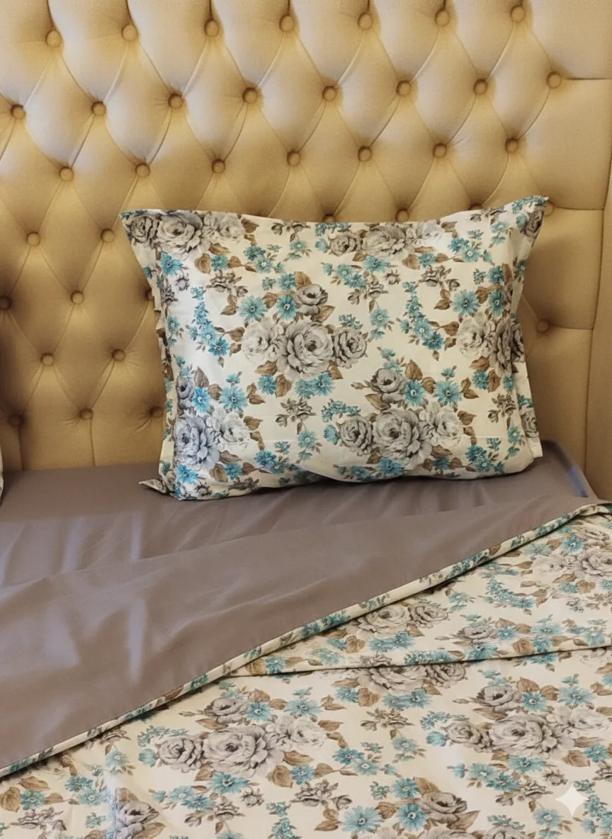 Pack Couette + Parrure de drap à fleur gris et bleu