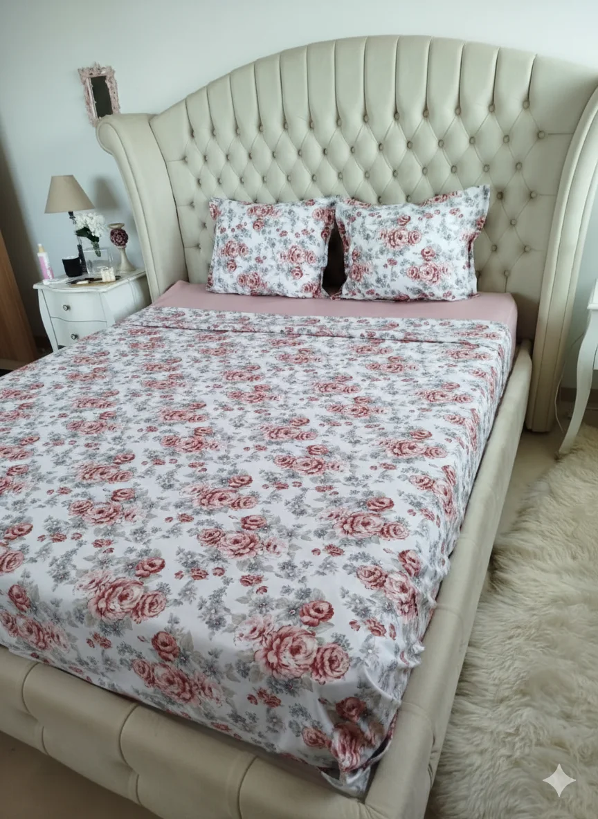 Pack Couette + parrure de drap à fleur bordeux et gris
