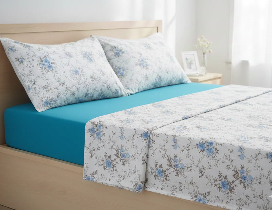 Pack Couette + Parrure de draps à petit fleur bleu et gris