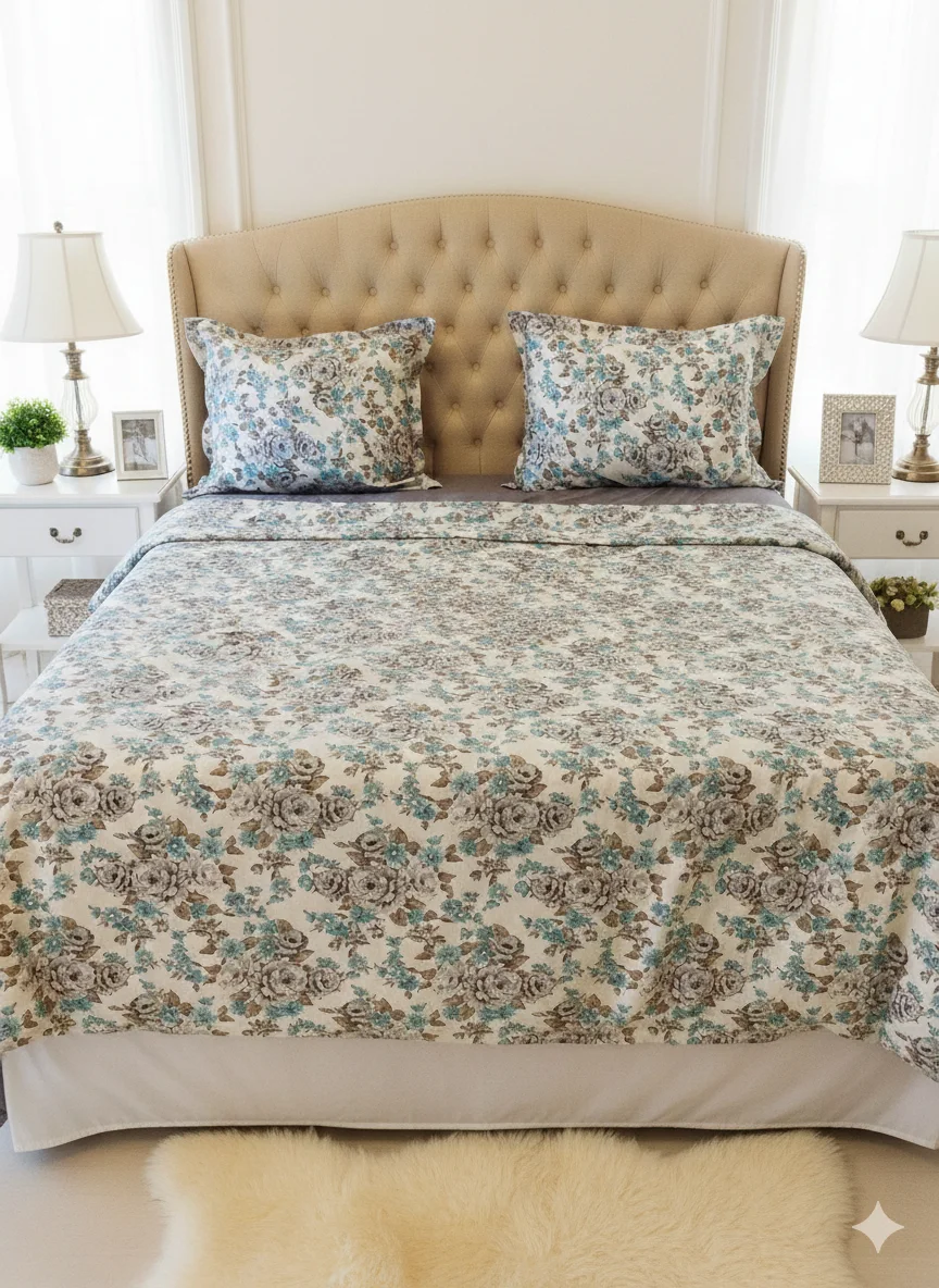 Pack Couette + Parrure de drap à fleur gris et bleu