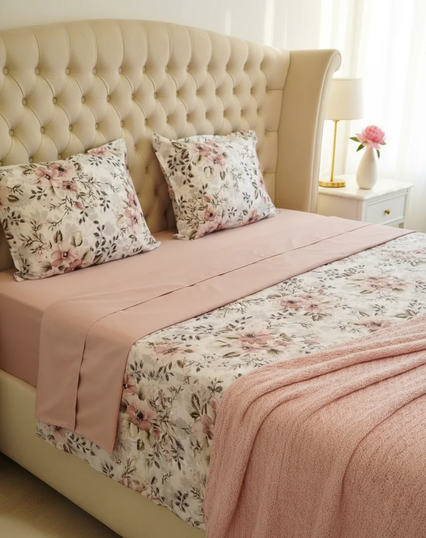 Pack Couette + parrure de drap grand fleur saumon