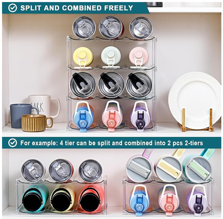 لاندو حامل منظم زجاجات المياه قابل للتكديس - لتنظيم اكواب ستانلي وغيرها - رف نبيذ شفاف، حامل زجاجات للمنزل وسطح الطاولة ورف المؤن، 4 طبقات تحمل 12