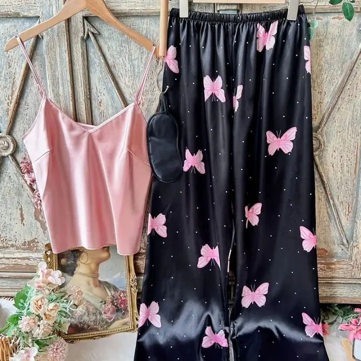 طقم بيجامة نسائية ساتان (Butterfly Satin Set)