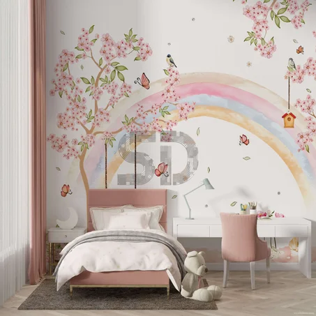 Papier Peint Enfant Arc-en-Ciel Fleuri & Papillons