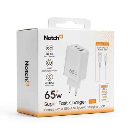 Chargeur NOTCH 65W GaN 3 Port + Cable Fast Charge