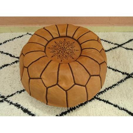 Pouf Artisanal Marocain en Cuir Véritable Fait Main - Coussin de Sol (Marron)
