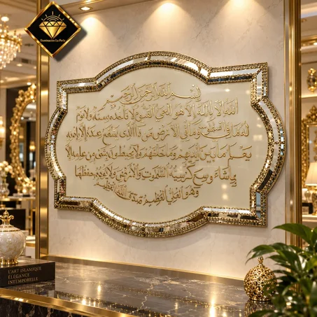 أية الكرسي  باطار نحاسي  - المقاس  العرض 120 سم - الطول 80 سم