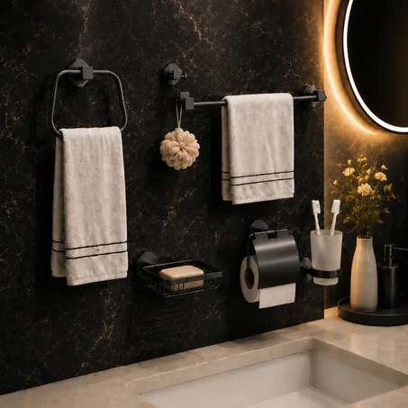 Ensemble d’Accessoires de Salle de Bain THEROS – 6 Pièces en Aluminium Premium