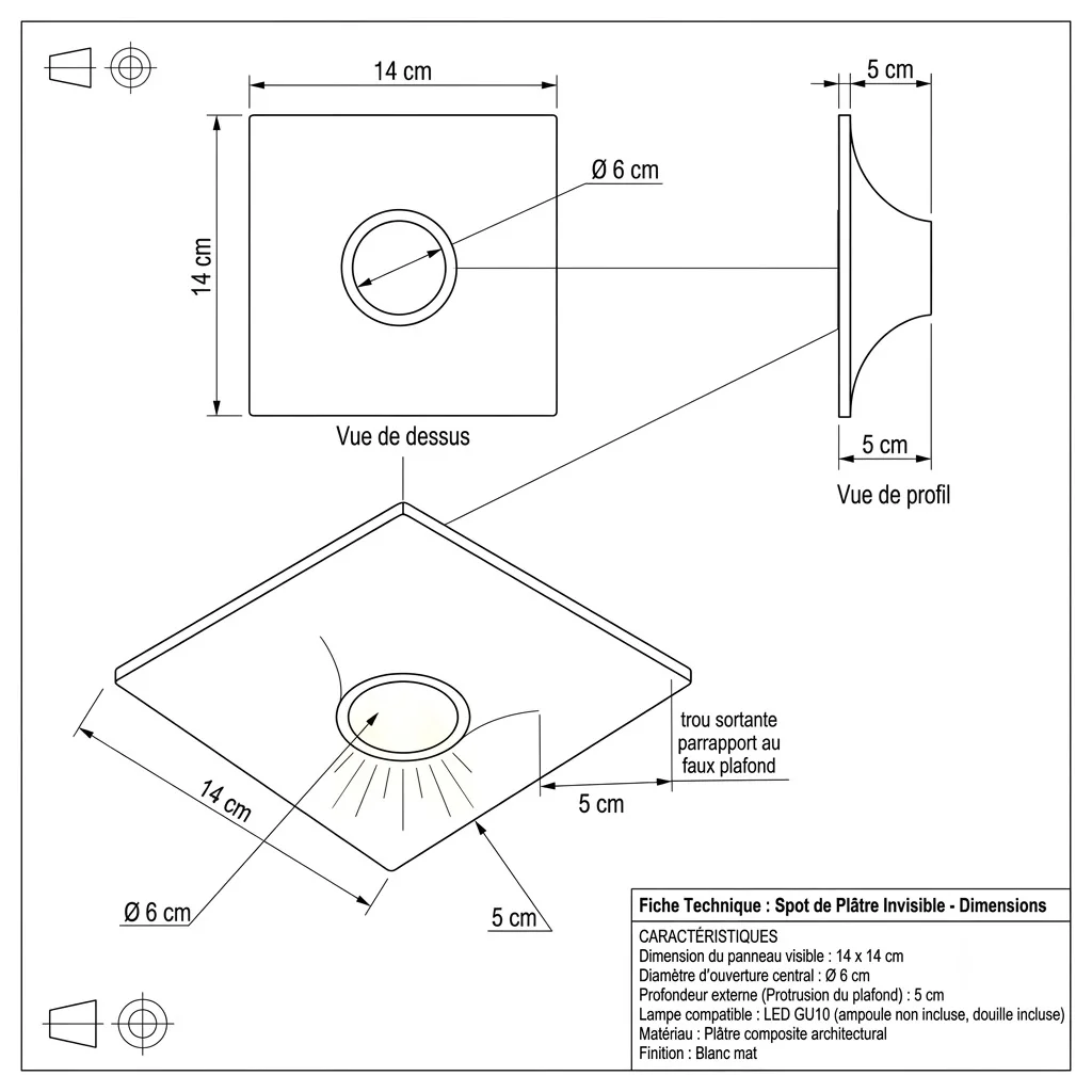 Spot Encastré Invisible Trimless Carré – 14×14 cm (Pour Lampe GU10)