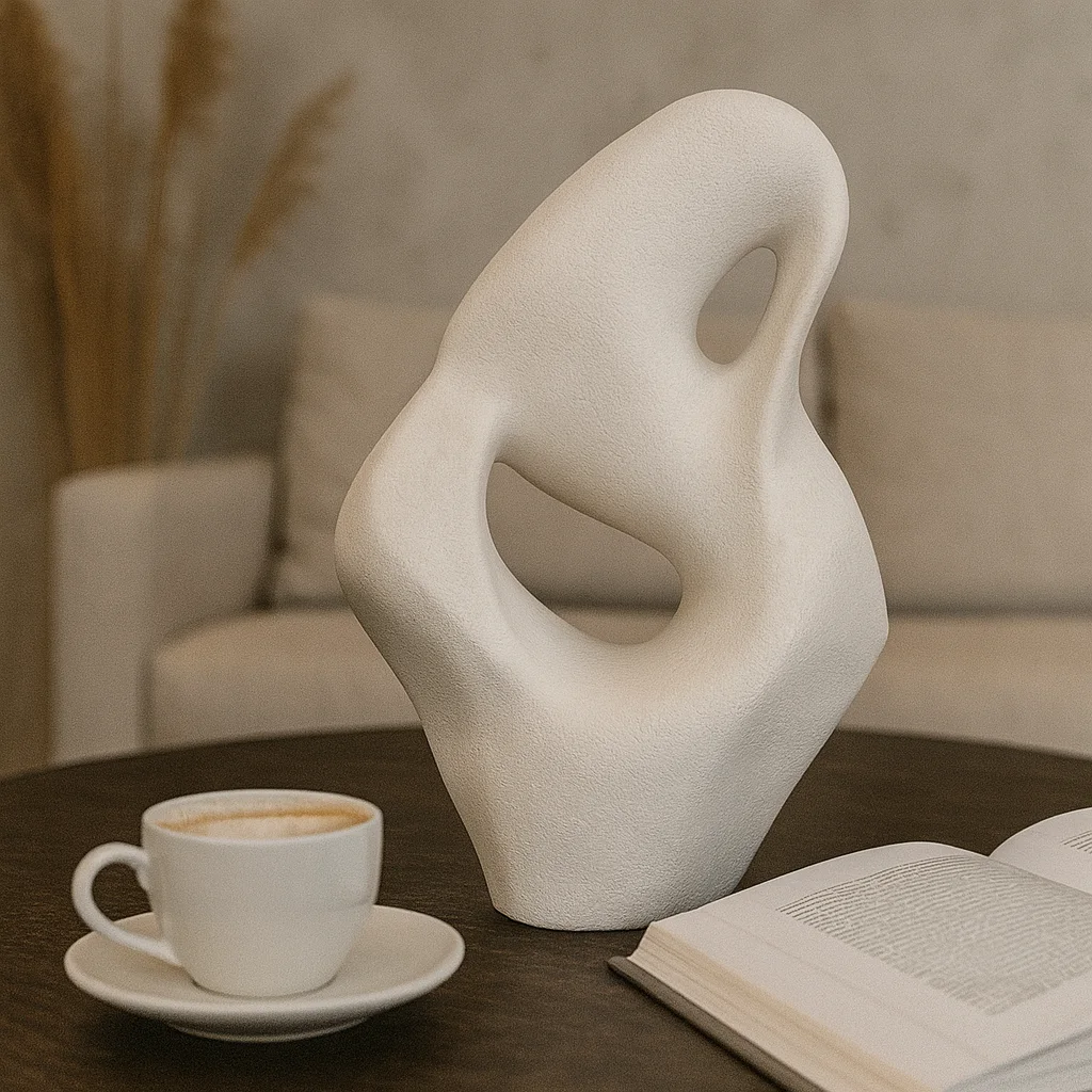 Sculpture Abstraite Décorative en Plâtre – Design Organique Moderne (Noir/Blanc/Doré)