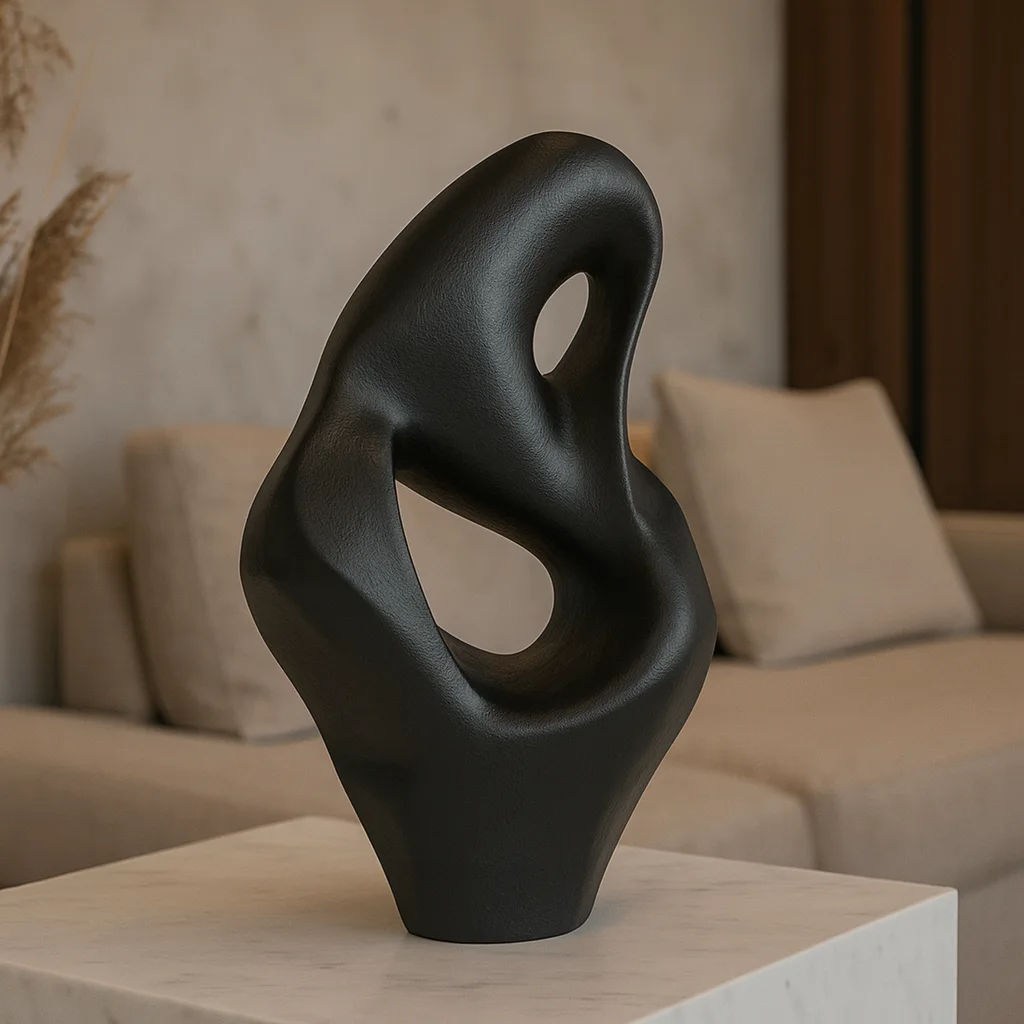 Sculpture Abstraite Décorative en Plâtre – Design Organique Moderne (Noir/Blanc/Doré)