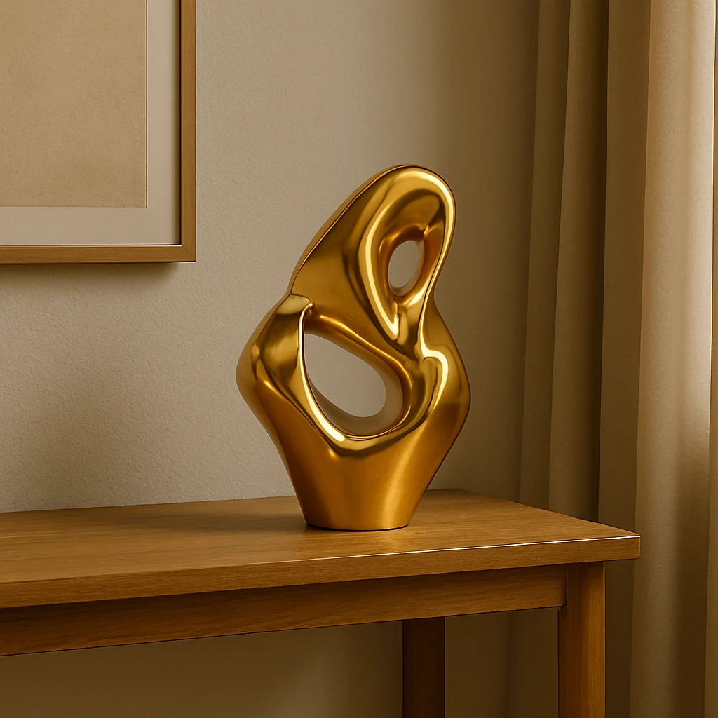 Sculpture Abstraite Décorative en Plâtre – Design Organique Moderne (Noir/Blanc/Doré)