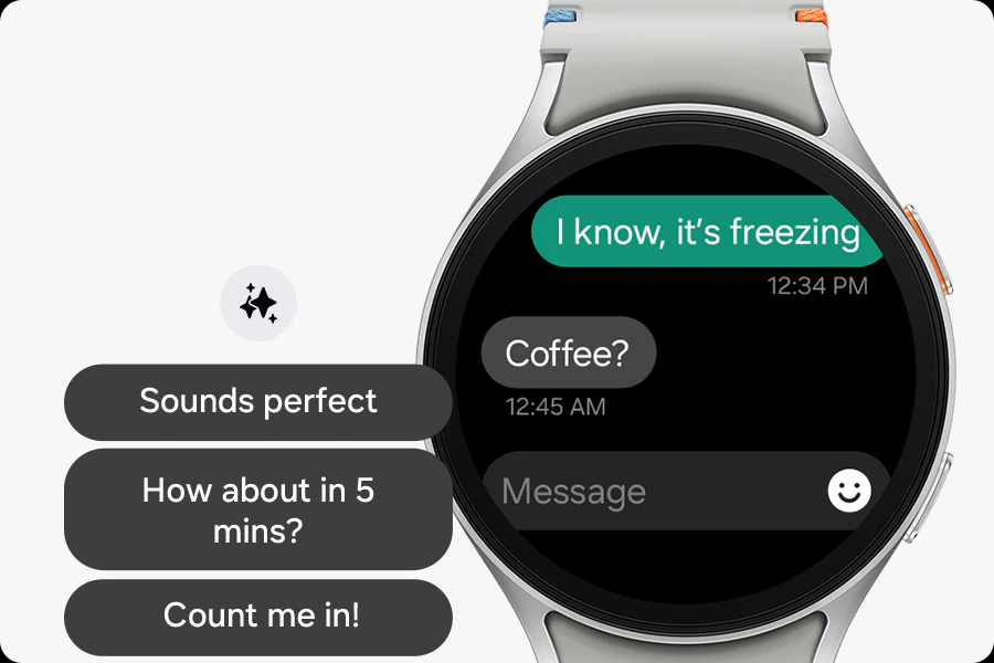 Une Galaxy Watch7 affiche un message de chat. Certaines suggestions de réponse avec un logo Galaxy AI sont affichées à côté de la montre.